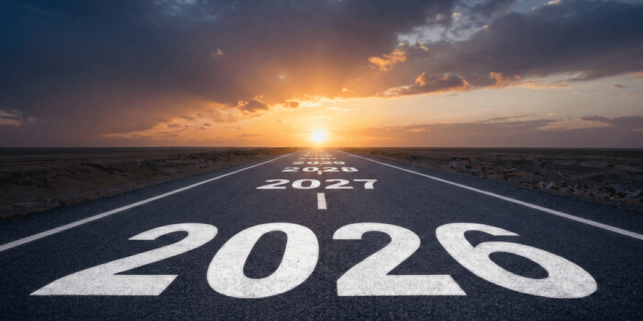road going off into distance with years starting at 2026 and counting up