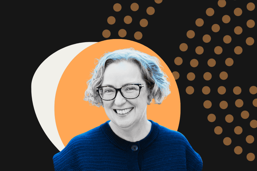 Kristin Alford headshot against orange and white graphic