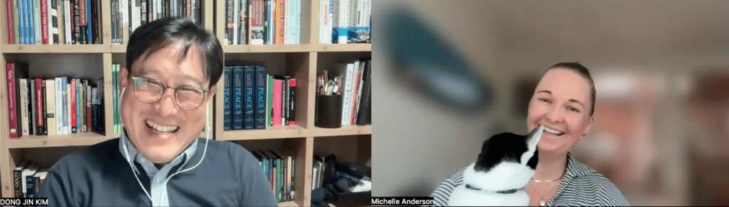 split screen of two speakers on Zoom video recording 