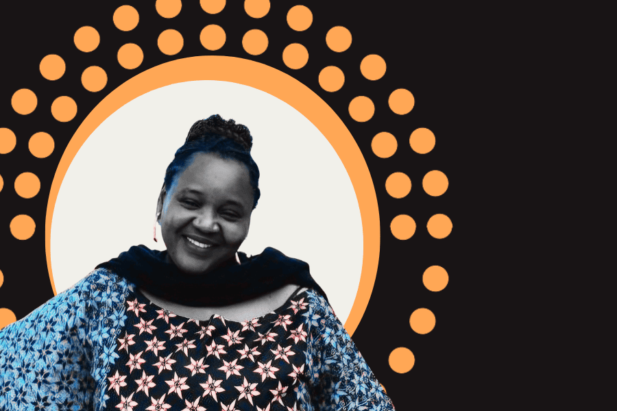 headshot of woman in flowered shirt against orange, white and black decorative background